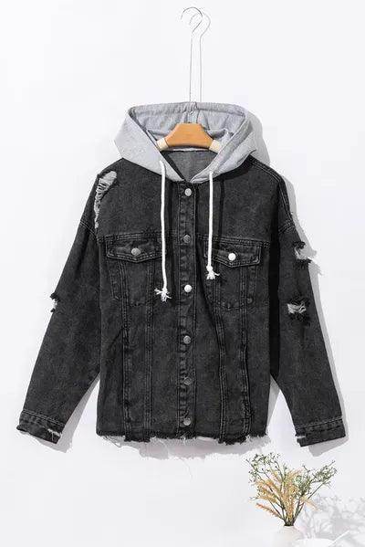 Distressed Drawstring Long Sleeve Hooded Denim Jacket for Women - Selvanelle