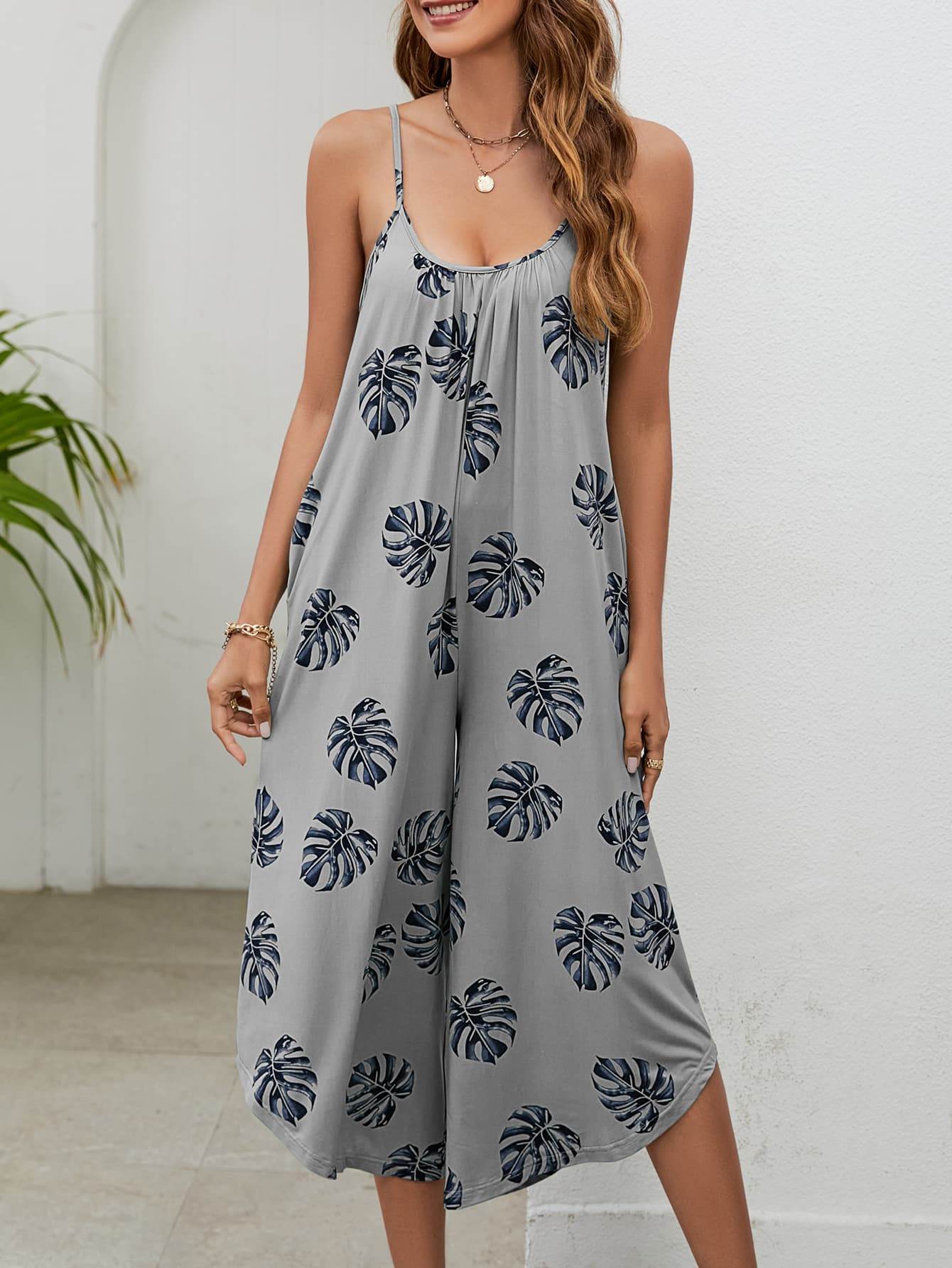 Botanical Print Spaghetti Strap Scoop Neck Jumpsuit - Selvanelle