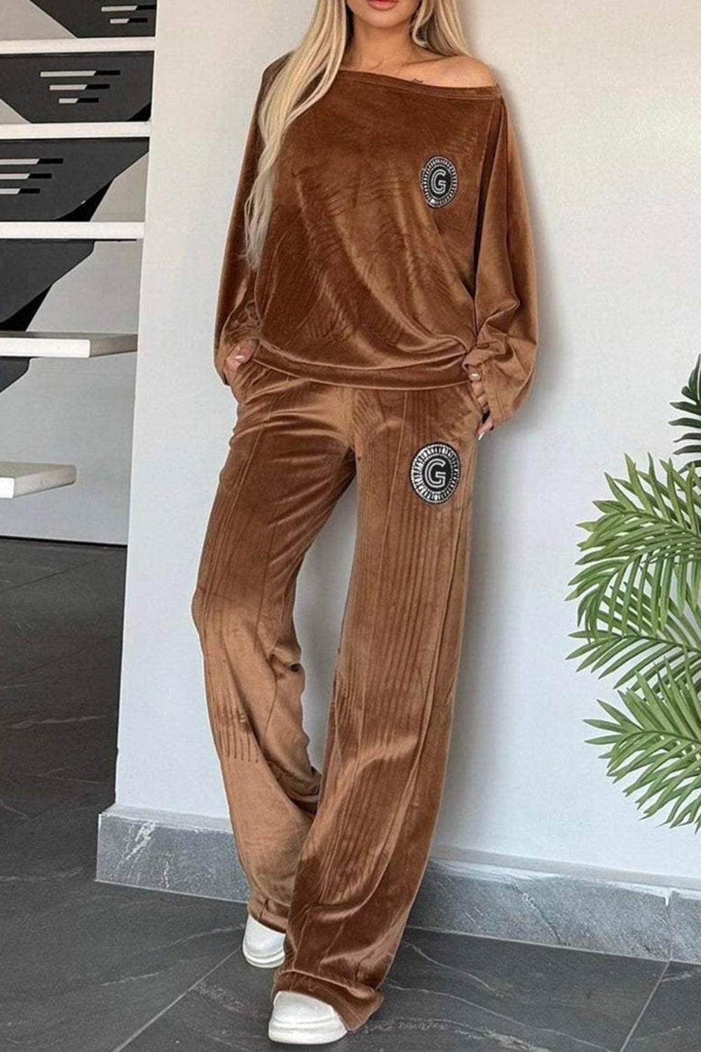 Full Size Boat Neck Long Sleeve Top and Pants Set Outfit - Selvanelle