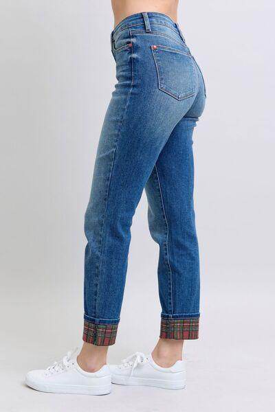 Judy Blue Full Size Plaid Print Cuff Straight Leg Jeans - Selvanelle