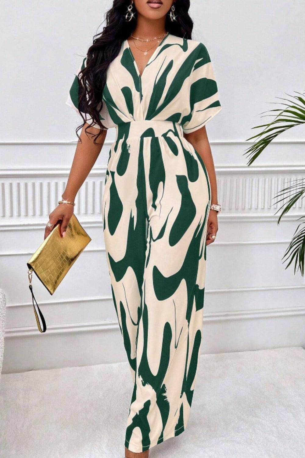 Printed V-Neck Short Sleeve Wide Leg Jumpsuit for Women - Selvanelle