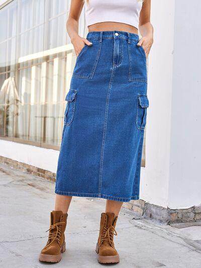 Slit Midi Denim Skirt with Pockets for Stylish Comfort - Selvanelle