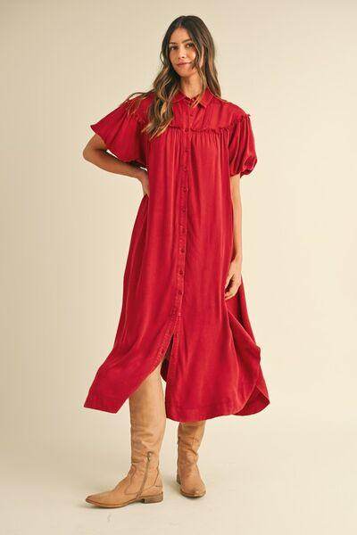 Annie Wear Mineral Washed Button Down Puff Sleeve Shirt Dress - Selvanelle