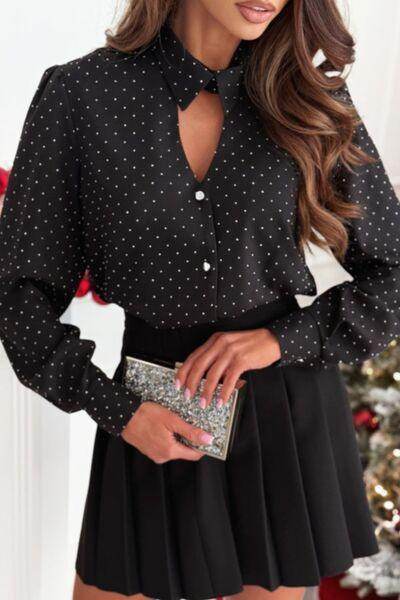 Button Down Rhinestone Decor Long Sleeve Shirt for Women - Selvanelle