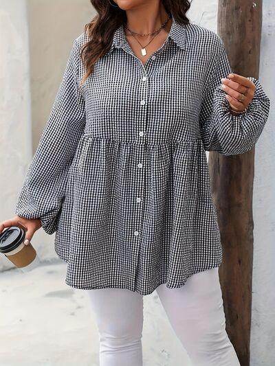 Plus Size Plaid Collared Neck Long Sleeve Shirt for Women - Selvanelle