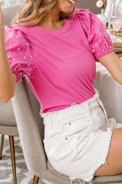 Pearl Detail Round Neck Puff Sleeve Blouse for Women - Selvanelle
