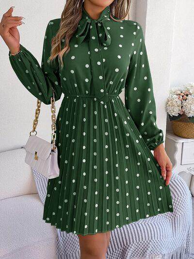 Polka Dot Tie Neck Pleated Dress for Stylish Occasions - Selvanelle