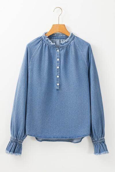 Half Button Long Sleeve Denim Top for Casual Style - Selvanelle