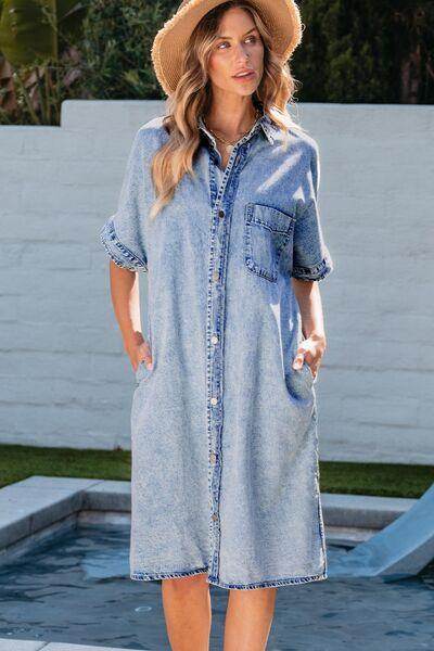 Pocketed Button Up Half Sleeve Denim Dress for Women - Selvanelle