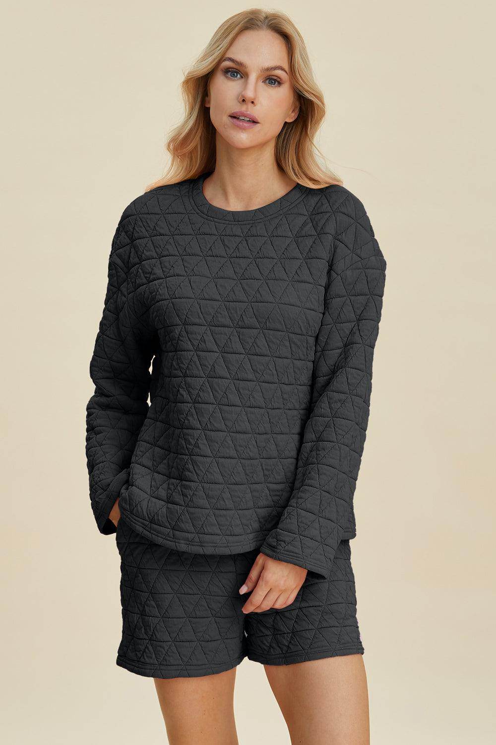 Double Take Full Size Texture Round Neck Long Sleeve Top and Shorts Set for Women - Selvanelle