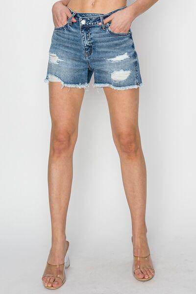 RISEN Stepped Waist Frayed Denim Shorts for Women - Selvanelle