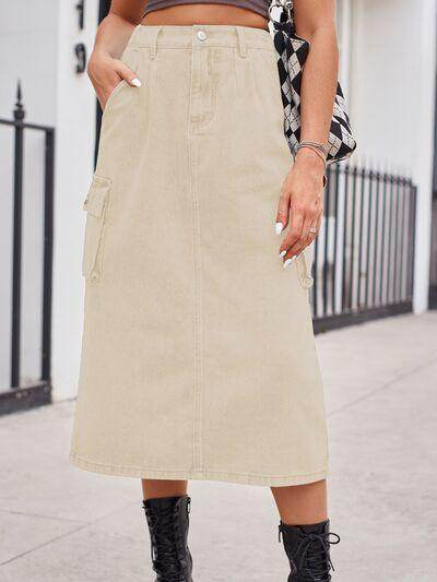 Slit Buttoned Denim Skirt with Pockets for Women - Selvanelle