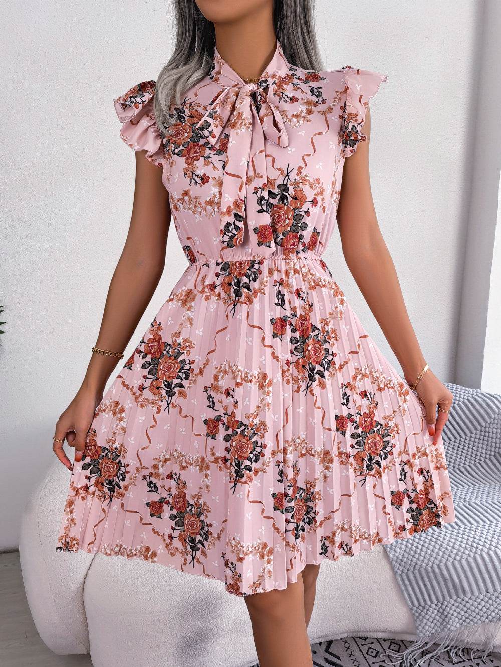 Pleated Floral Printed Tie Neck Knee Length Dress - Selvanelle