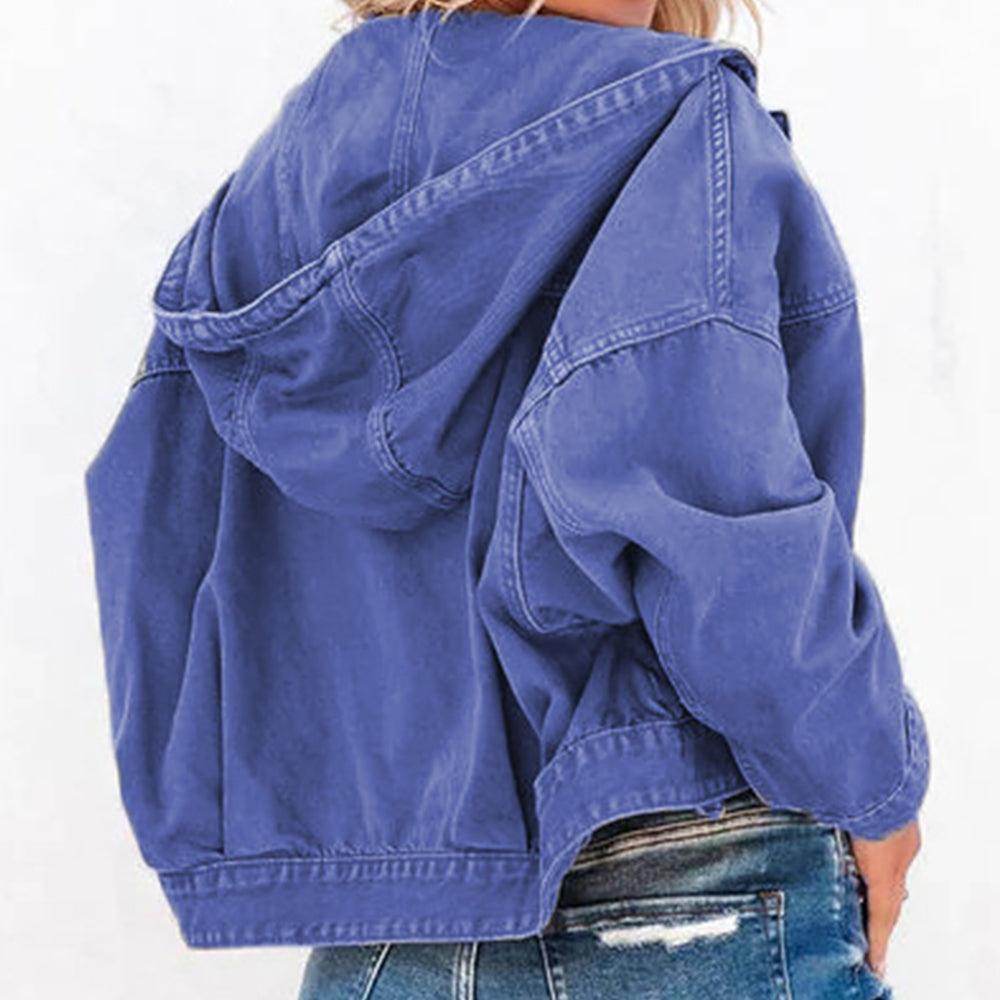 Hooded Dropped Shoulder Denim Jacket for Women Casual Wear - Selvanelle