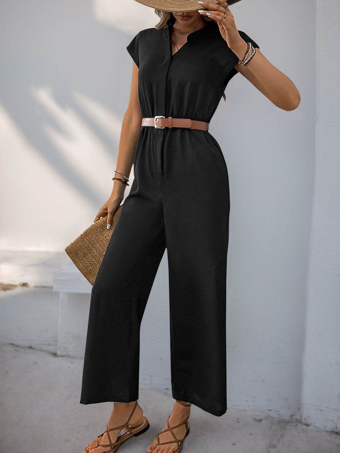 Perfee Notched Wide Leg Jumpsuit - Selvanelle