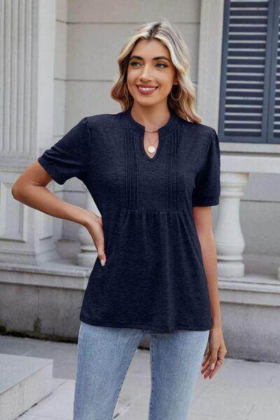 Notched Short Sleeve Top for Women in Opaque Fabric - Selvanelle