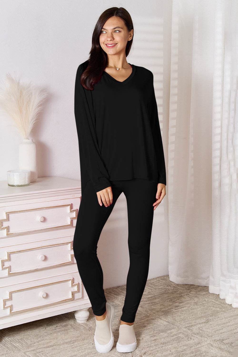Basic Bae Bamboo Full Size V-Neck Long Sleeve Top and Pants Lounge Set - Selvanelle