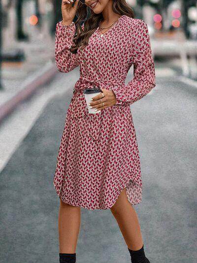 Tied Printed Notched Balloon Sleeve Dress for Women - Selvanelle