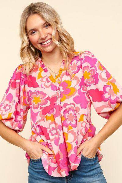 Haptics Full Size Frill Floral Puff Sleeve Blouse Chic - Selvanelle