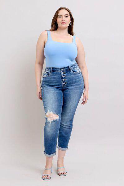 Judy Blue Full Size Button Fly Distressed Jeans Plus Size - Selvanelle