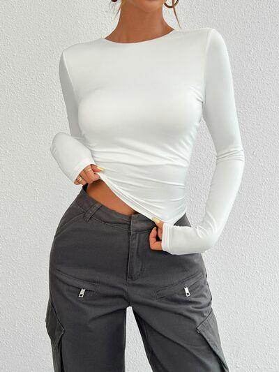 Devine Backless Round Neck Long Sleeve T-Shirt for Women - Selvanelle