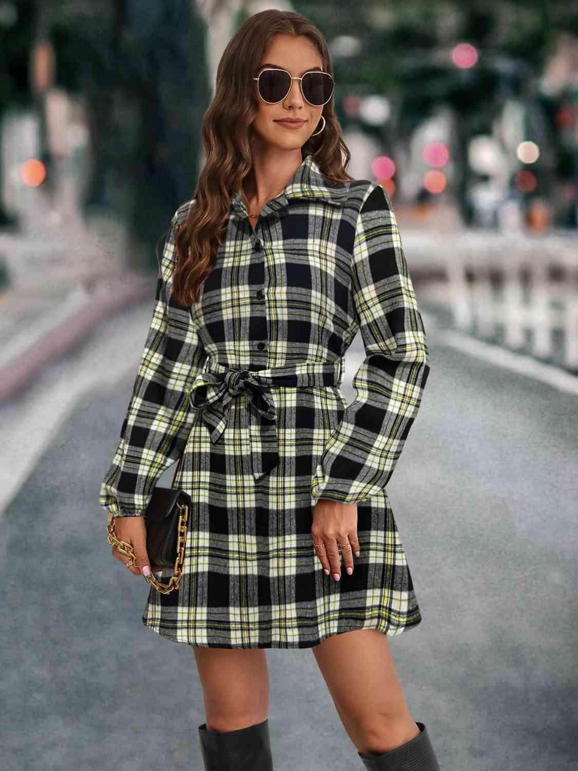 Plaid Tie Front Collared Neck Long Sleeve Dress For Women - Selvanelle