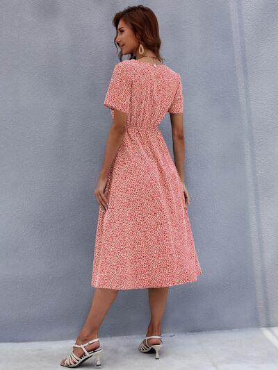 Honey Printed Round Neck Short Sleeve Midi Dress for Women - Selvanelle