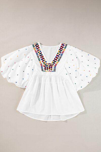 Printed V-Neck Puff Sleeve Top for Effortless Style - Selvanelle