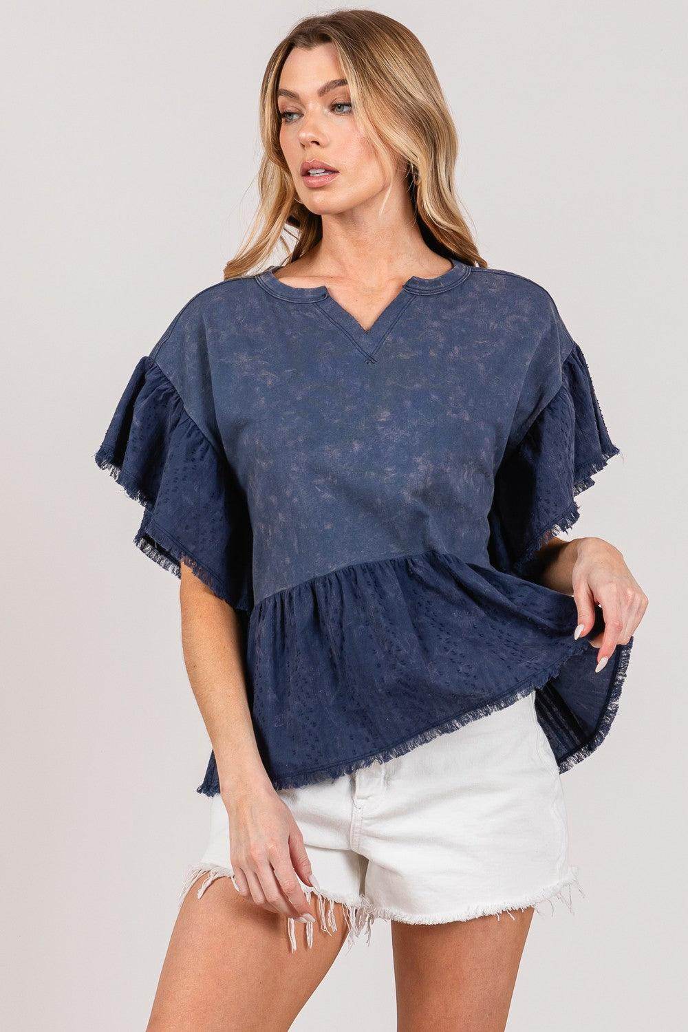 SAGE + FIG Ruffle Sleeve Washed Short Sleeve Blouse for Women - Selvanelle