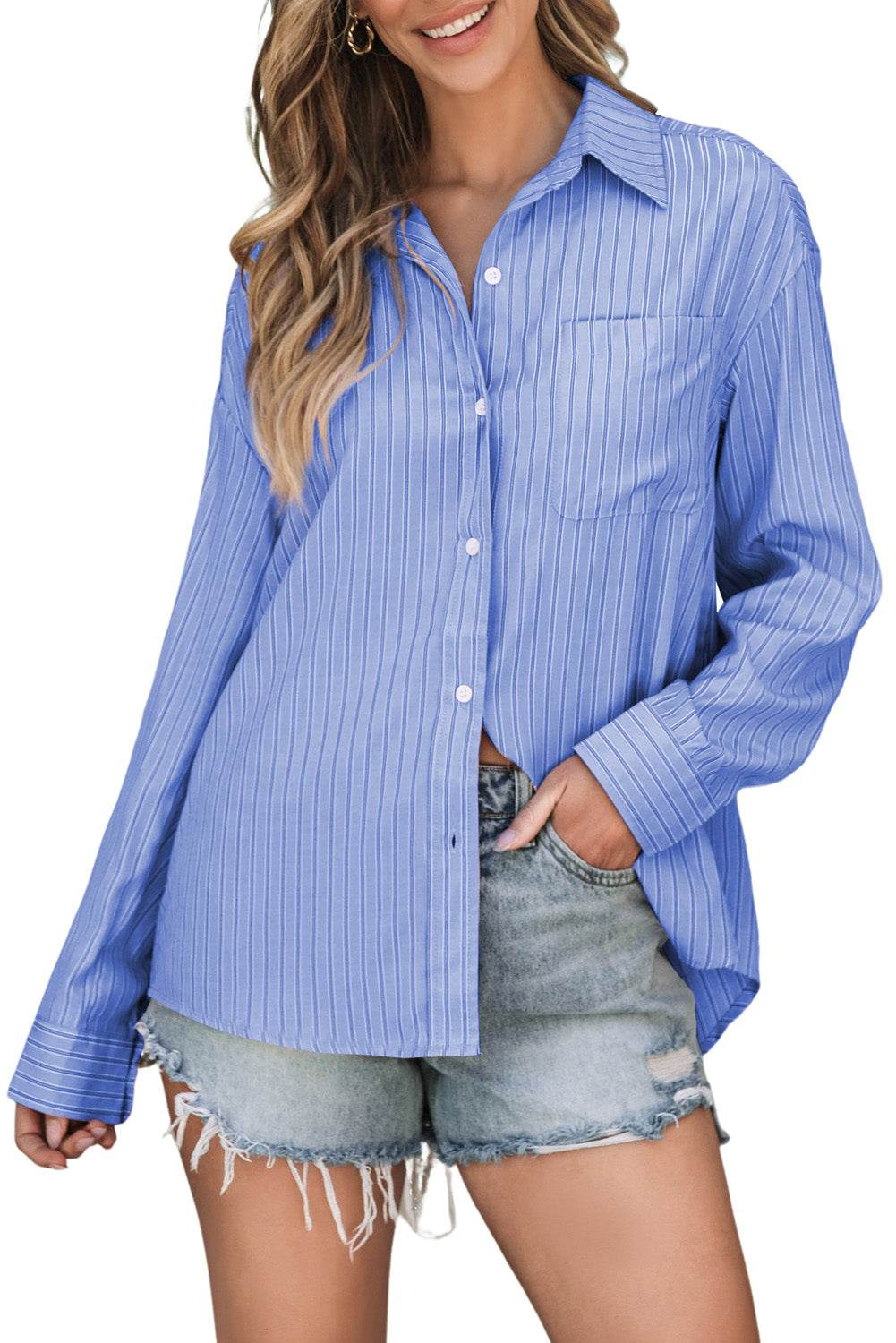 Striped Button Up Long Sleeve Shirt - Selvanelle