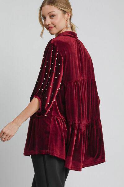 Umgee Pearl Detail Collared Neck Velvet Babydoll Blouse - Selvanelle