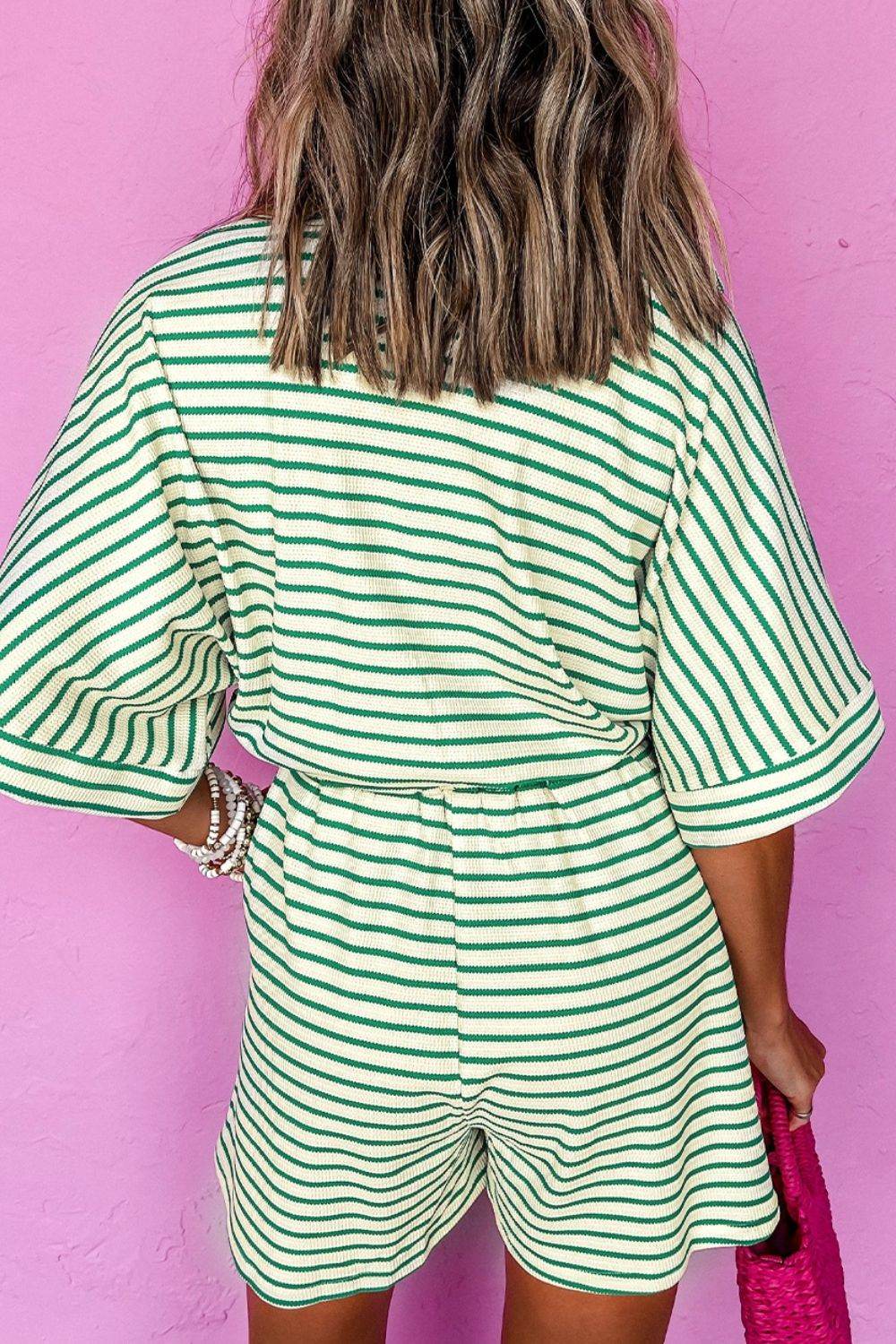 Striped Half Sleeve Tie Waist Romper - Selvanelle