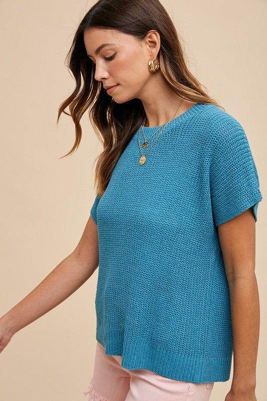 Annie Wear Round Neck Short Sleeve Sweater for Women - Selvanelle