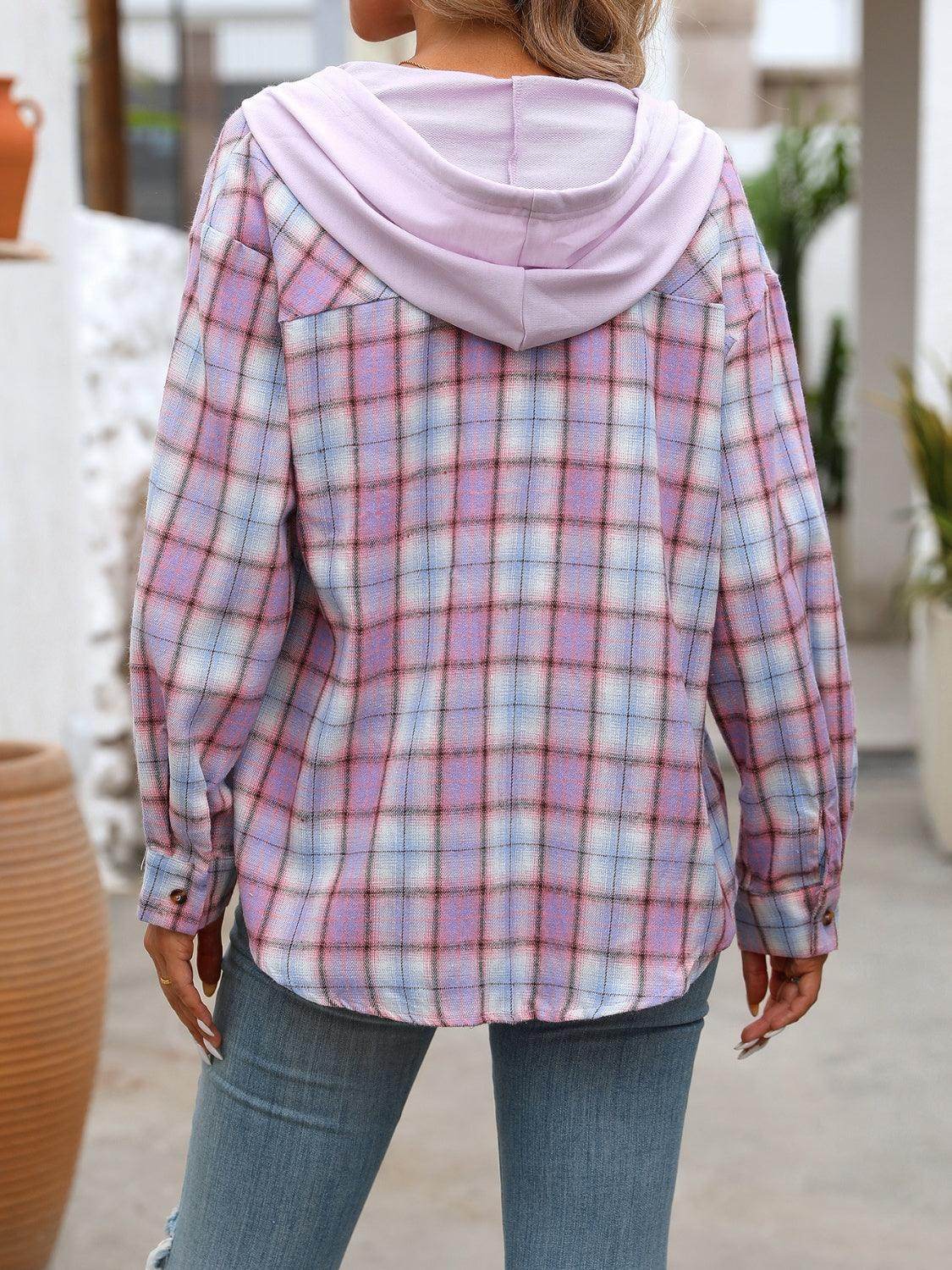 Plaid Long Sleeve Hooded Jacket for Women with Pockets - Selvanelle