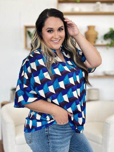Double Take Full Size Geometric Notched Half Sleeve Blouse - Selvanelle