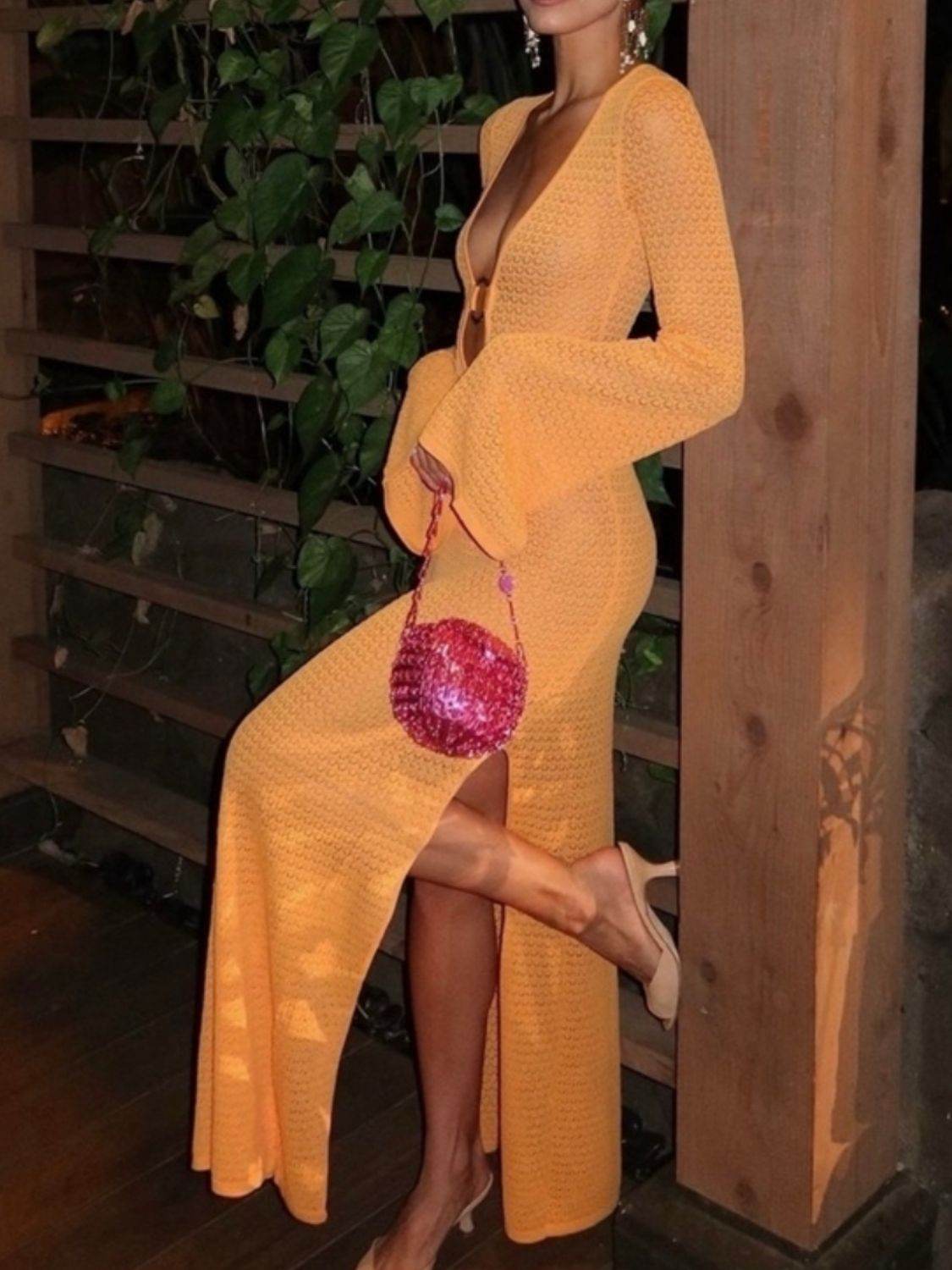 Slit Plunge Flare Sleeve Cover-Up Dress - Selvanelle