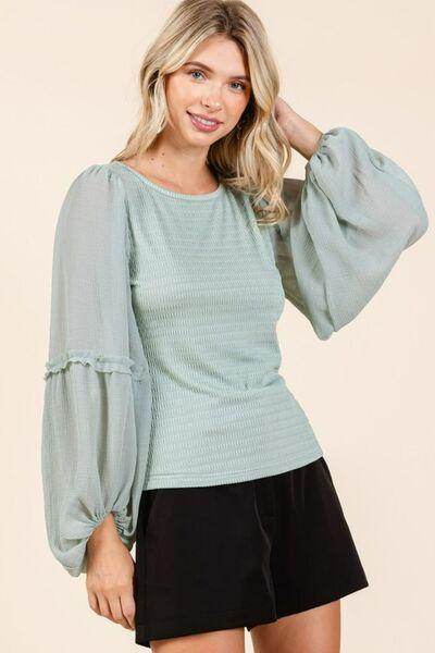 Mittoshop Mixed Media Textured Knit Chiffon Long Sleeve Top - Selvanelle