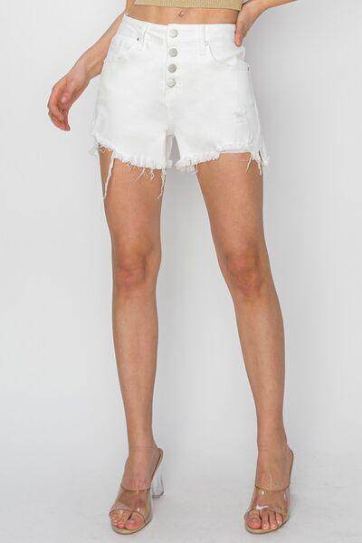 RISEN Button Fly Frayed Hem Denim Shorts for Women - Selvanelle
