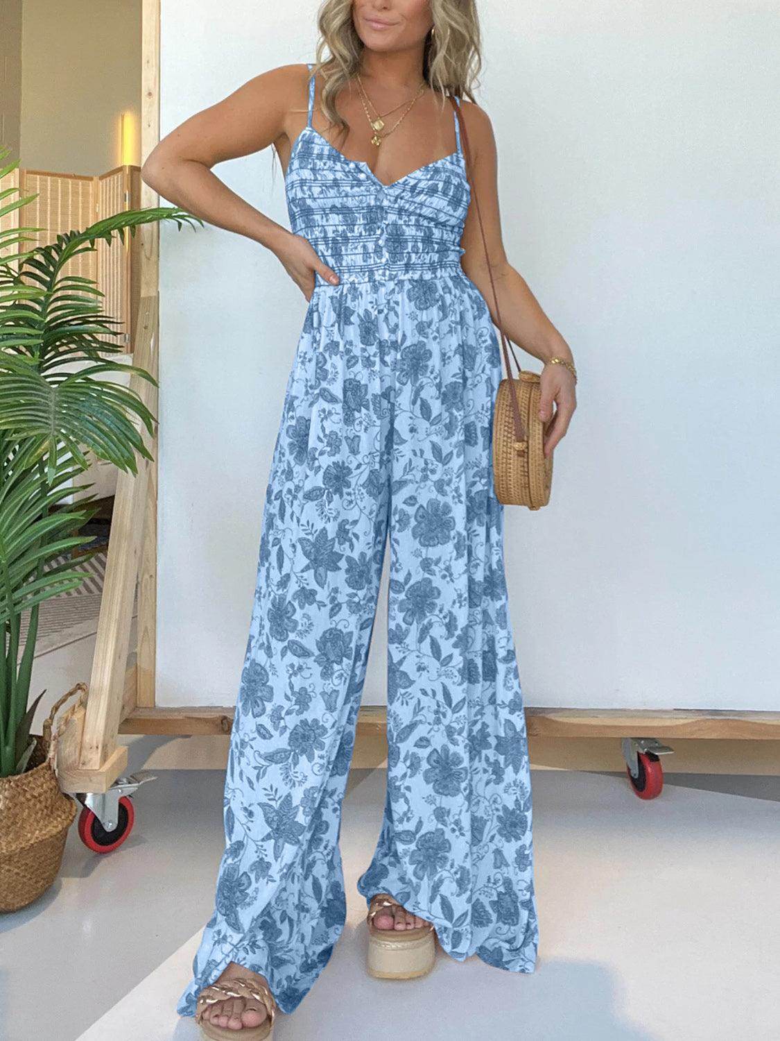 Full Size Printed Spaghetti Strap Wide Leg Jumpsuit for Women - Selvanelle