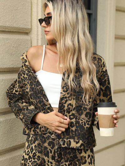Pocketed Leopard Long Sleeve Denim Jacket for Women - Selvanelle