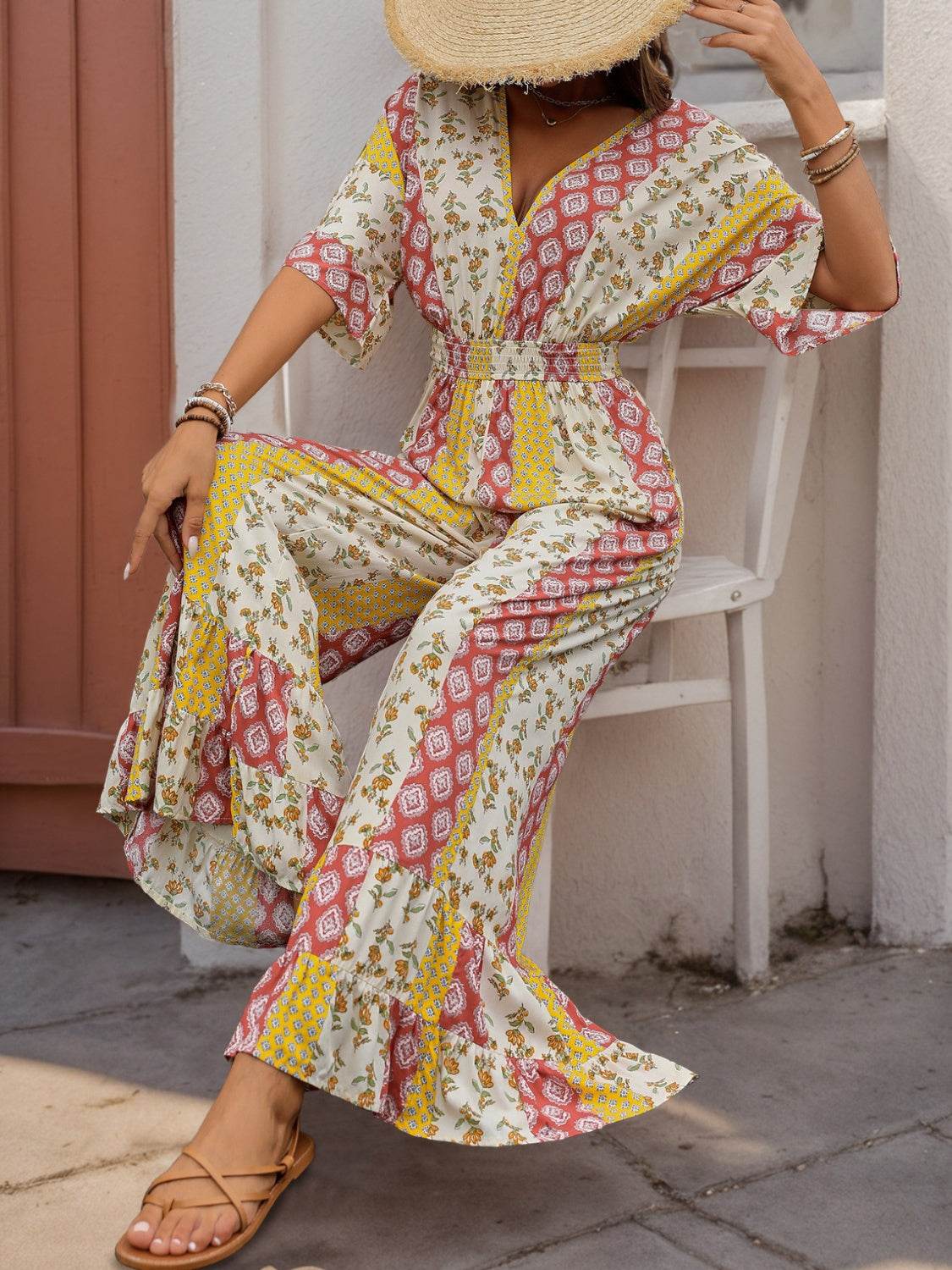 Perfee Ruffled Hem Printed V-Neck Jumpsuit - Selvanelle