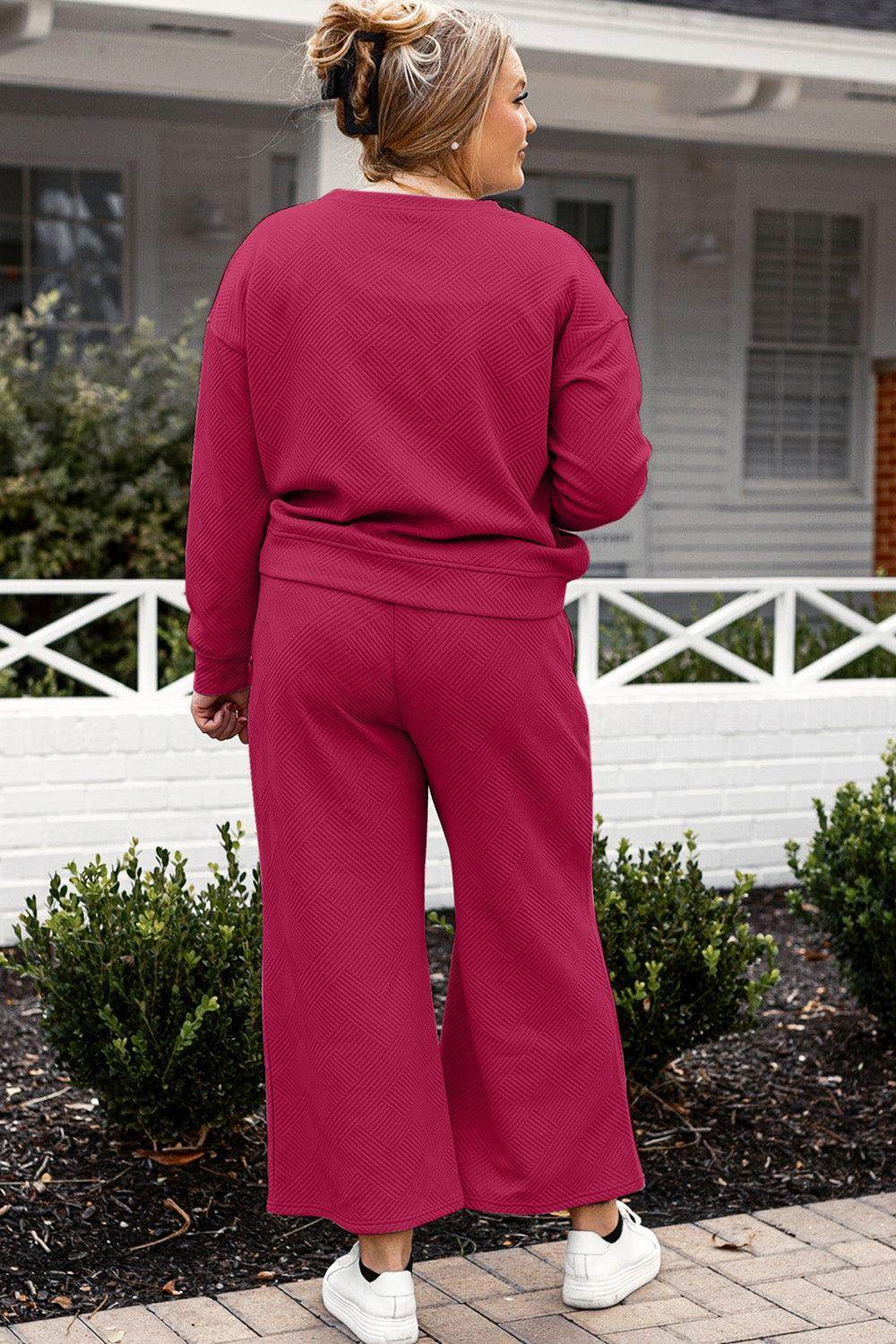Double Take Full Size Textured Long Sleeve Top and Drawstring Pants Set for Women - Selvanelle