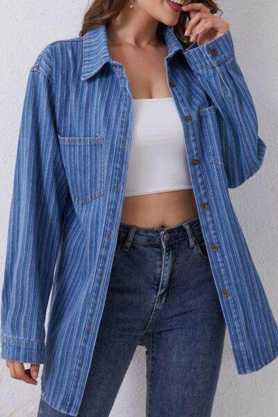 Striped Texture Collared Neck Denim Top for Effortless Style - Selvanelle