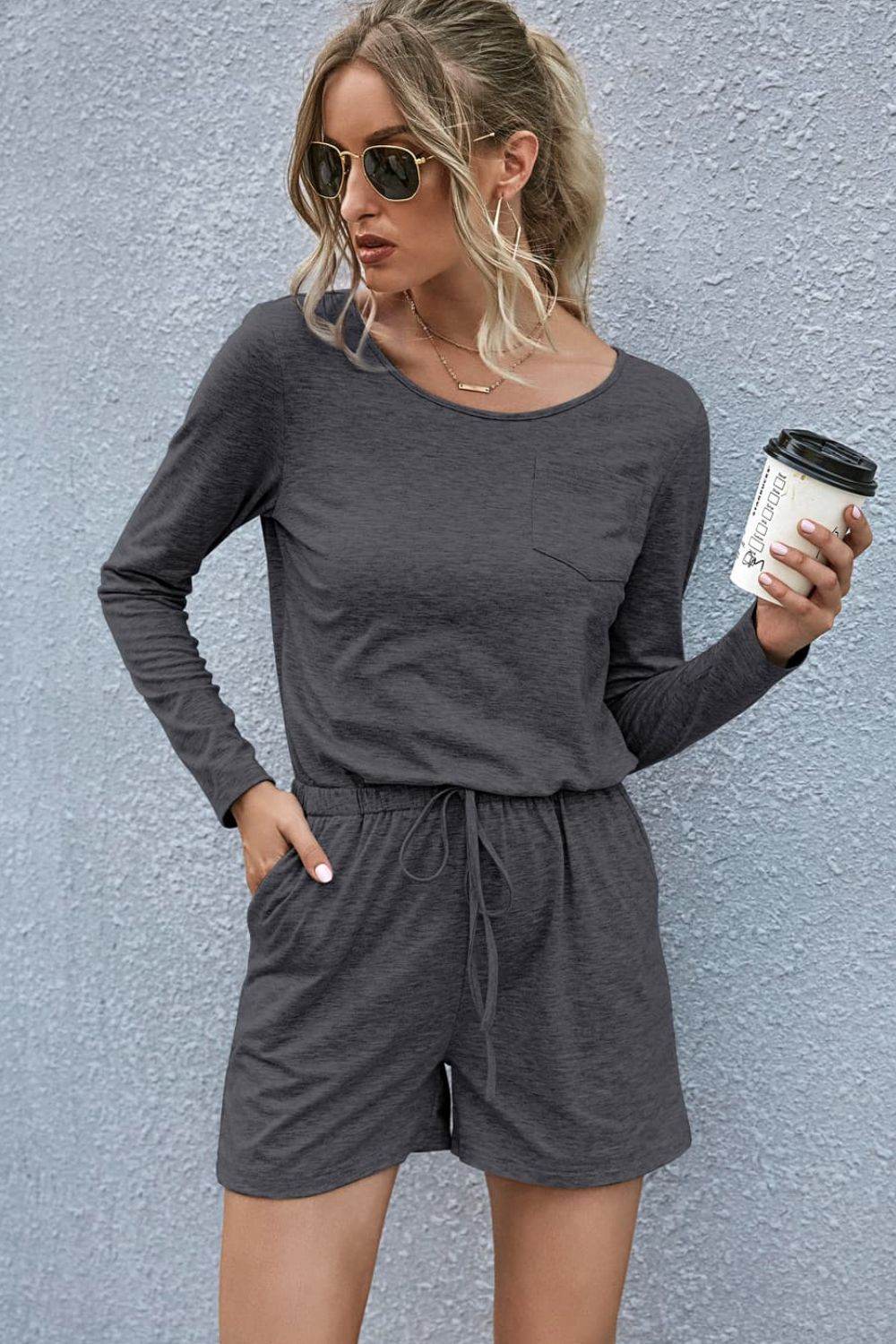 Drawstring Waist Long Sleeve Romper - Selvanelle