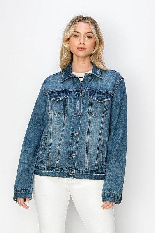 RISEN Full Size Distressed Button Up Jacket for Women - Selvanelle