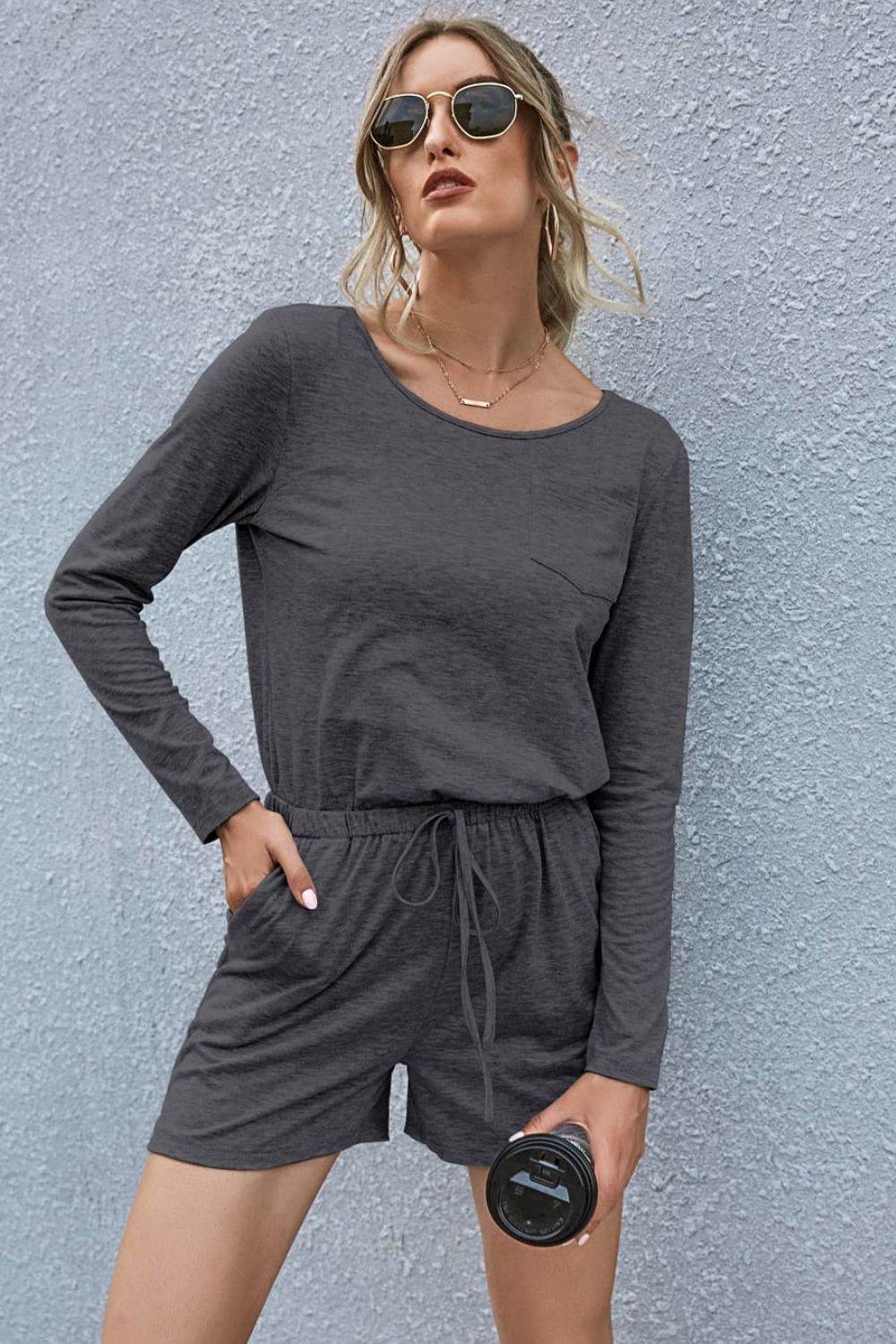 Drawstring Waist Long Sleeve Romper - Selvanelle