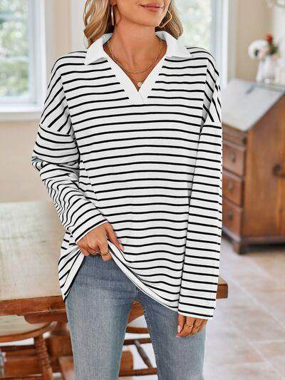 Lovelet Striped Johnny Collar Long Sleeve T-Shirt for Women - Selvanelle