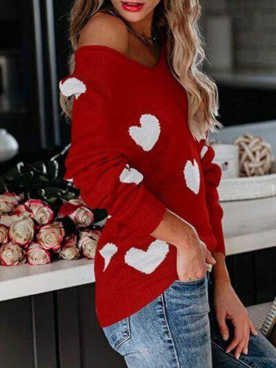 Heart Scoop Neck Long Sleeve Sweater for Women Cozy Style - Selvanelle