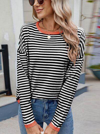 Striped Contrast Round Neck Long Sleeve Sweater for Women - Selvanelle