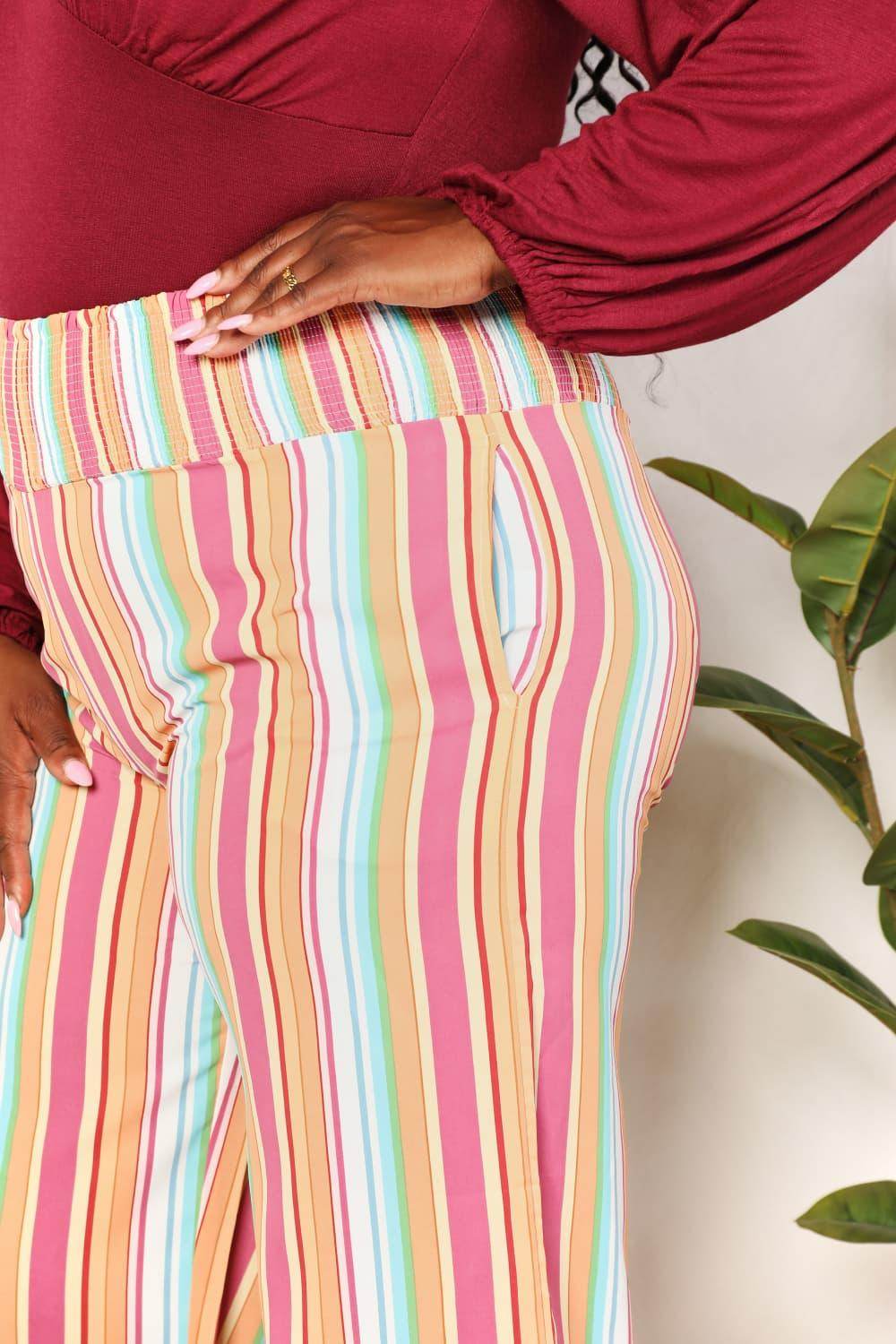Double Take Striped Smocked Waist Pants with Pockets Stylish - Selvanelle